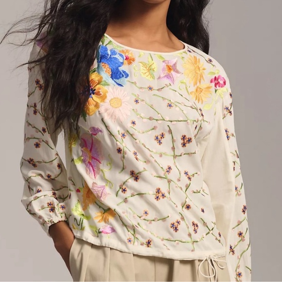 Anthropologie Tops - 🔥SOLD🔥 Anthropologie Tiny Lori Embroidered Ivory Floral Boho Peasant Top S